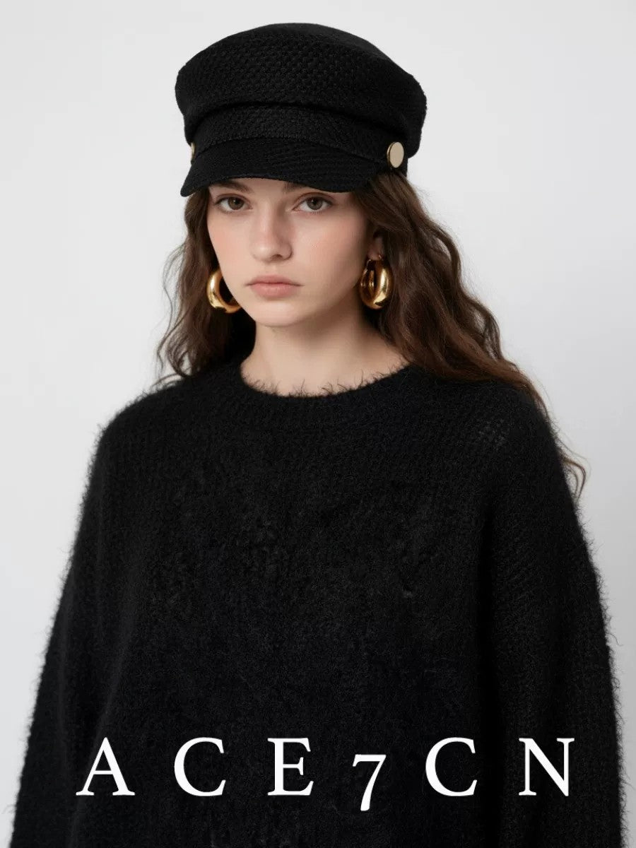 Vintage British Black Tweed Newsboy Cap Gold-Buckle