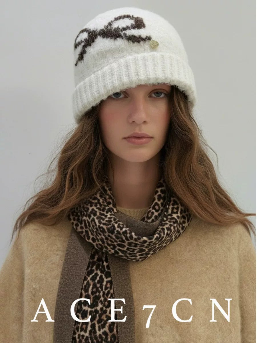 Korean Niche Jacquard Knit Beanie Bow Knit