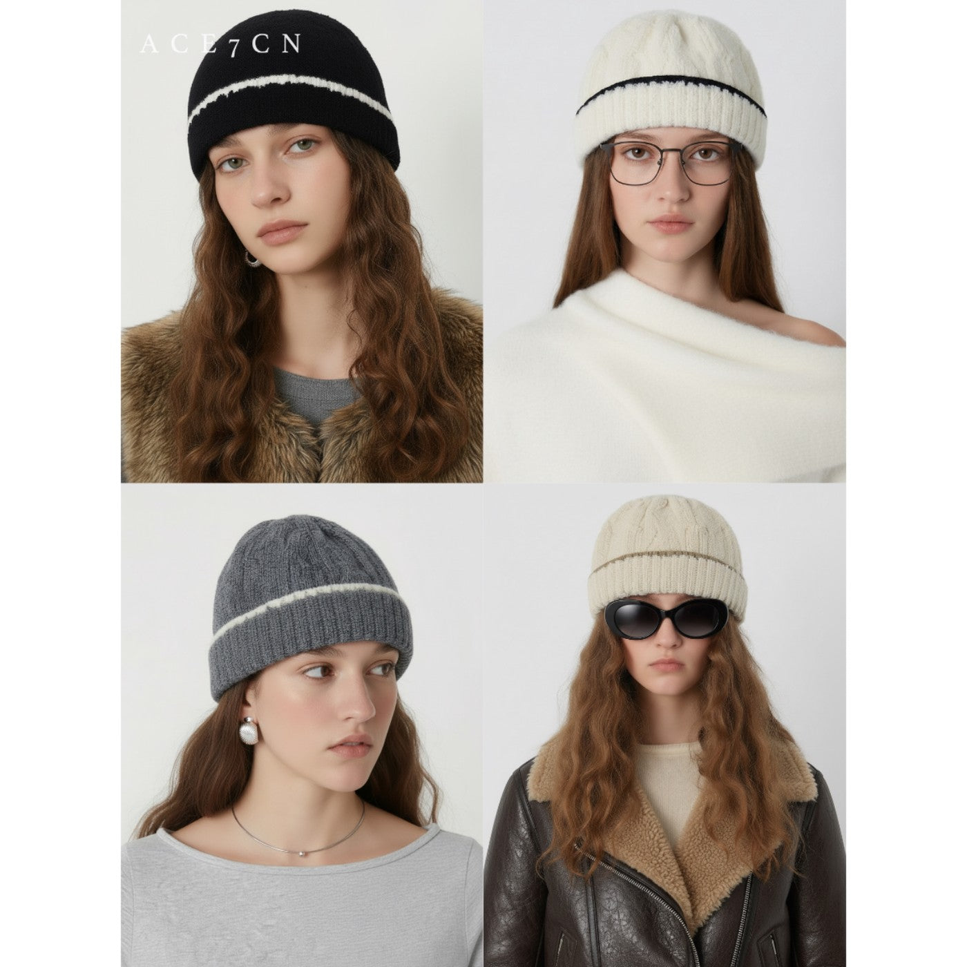 Italian Minimalist Knit Beanie Color-Block Cable-Knit Knit