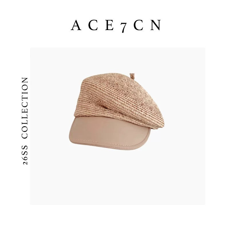 British Straw-Woven Newsboy Cap Color-Block Raffia Equestrian