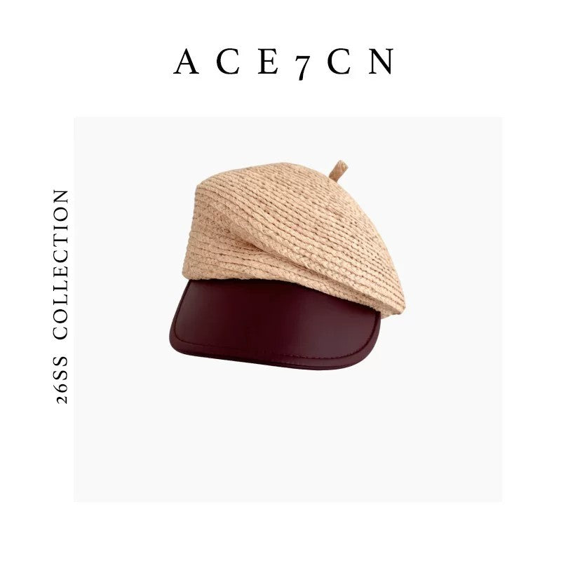 British Straw-Woven Newsboy Cap Color-Block Raffia Equestrian
