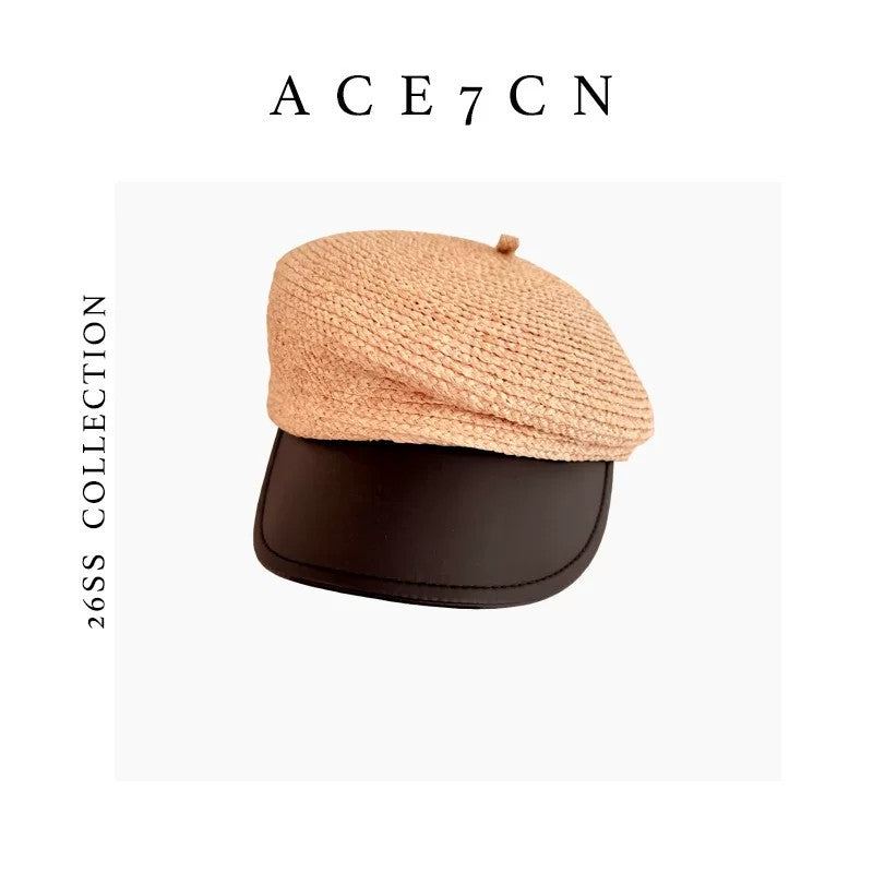British Straw-Woven Newsboy Cap Color-Block Raffia Equestrian