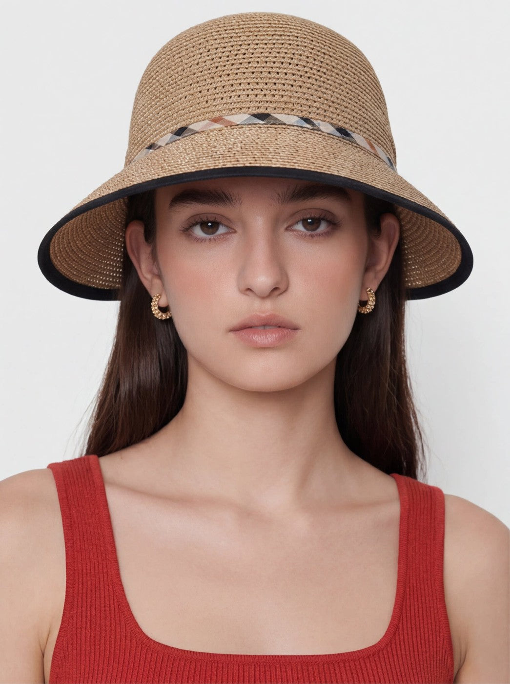 Parisian Holiday Sun-Shade Straw Hat Plaid Wide-Brim