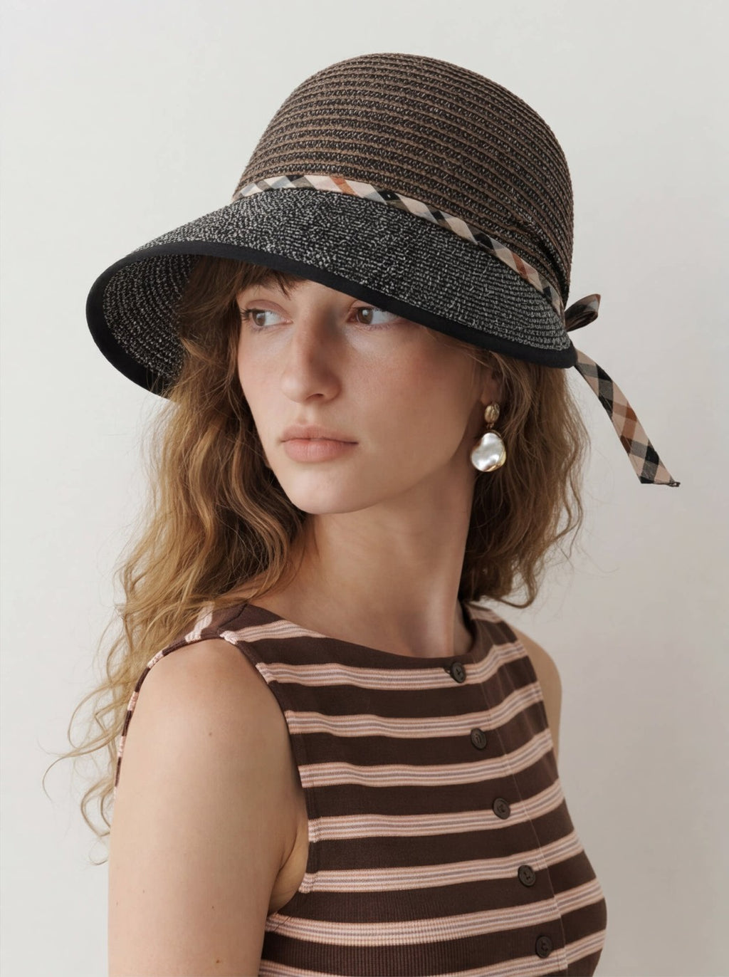 Parisian Holiday Sun-Shade Straw Hat Plaid Wide-Brim