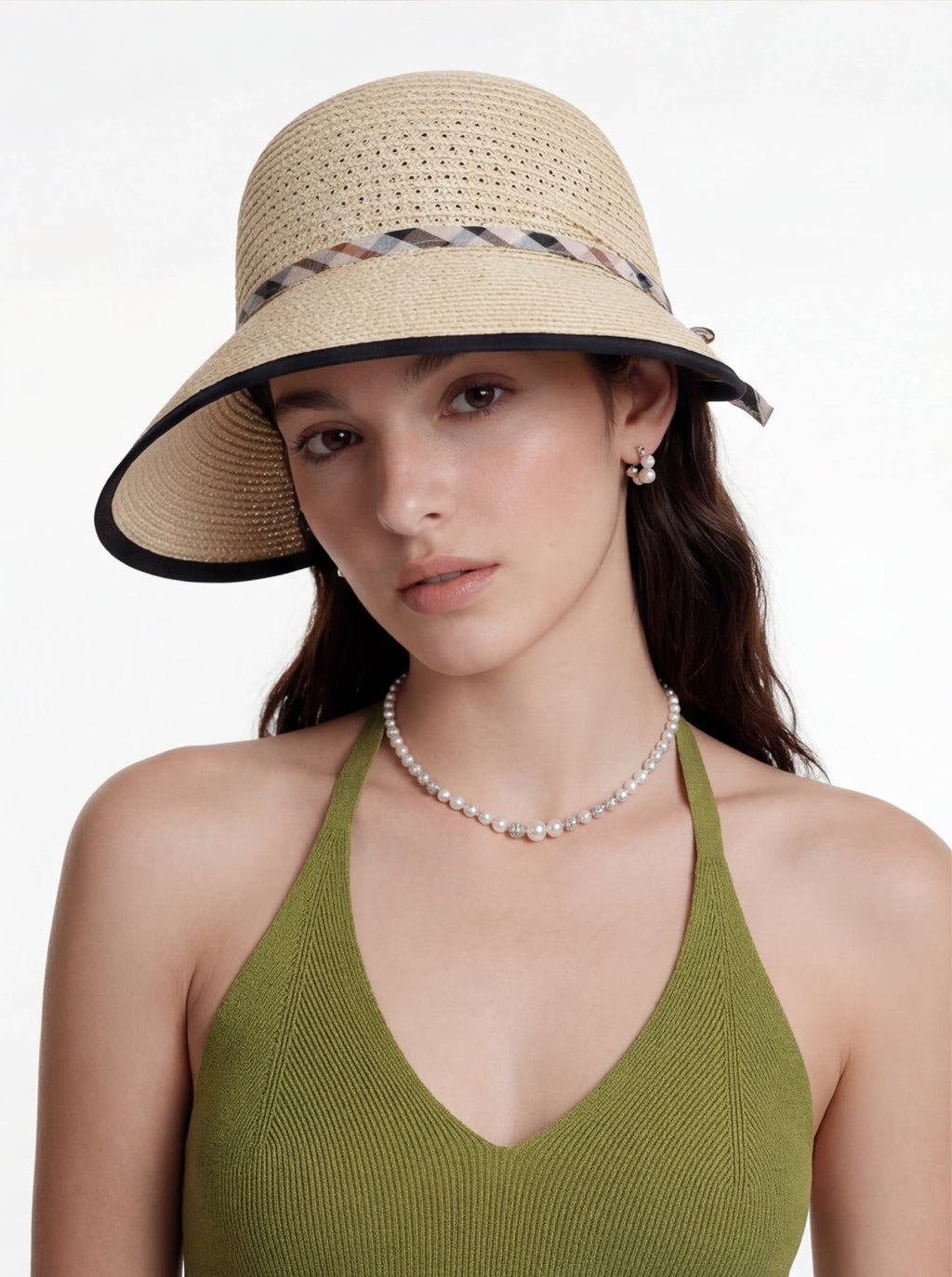 Parisian Holiday Sun-Shade Straw Hat Plaid Wide-Brim