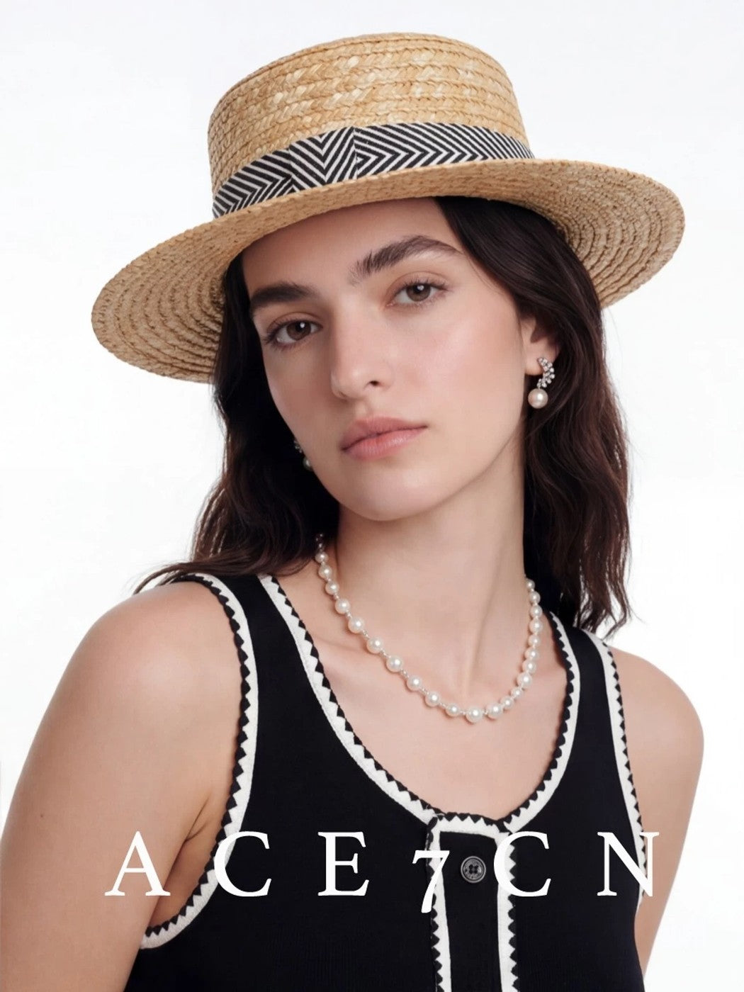 British Vintage Straw Hat Striped Hand-Woven Hepburn