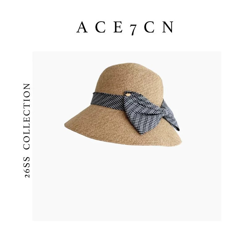 Hepburn-Style French Straw Hat Plaid Bow Bucket