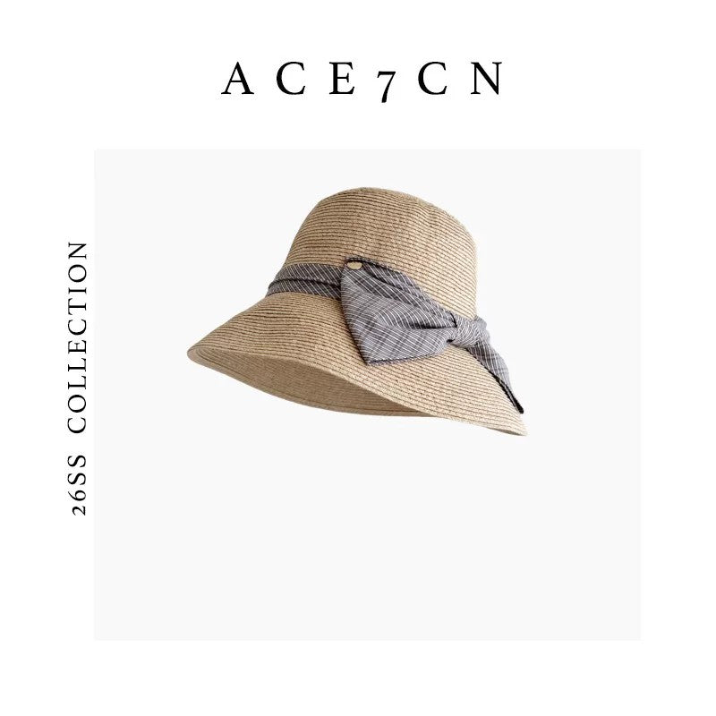 Hepburn-Style French Straw Hat Plaid Bow Bucket