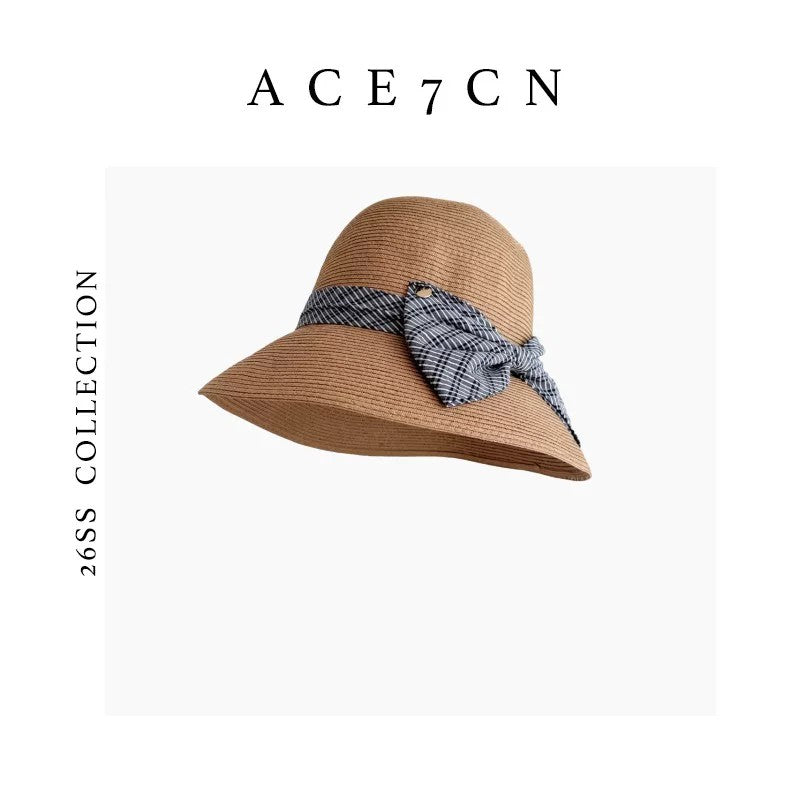 Hepburn-Style French Straw Hat Plaid Bow Bucket