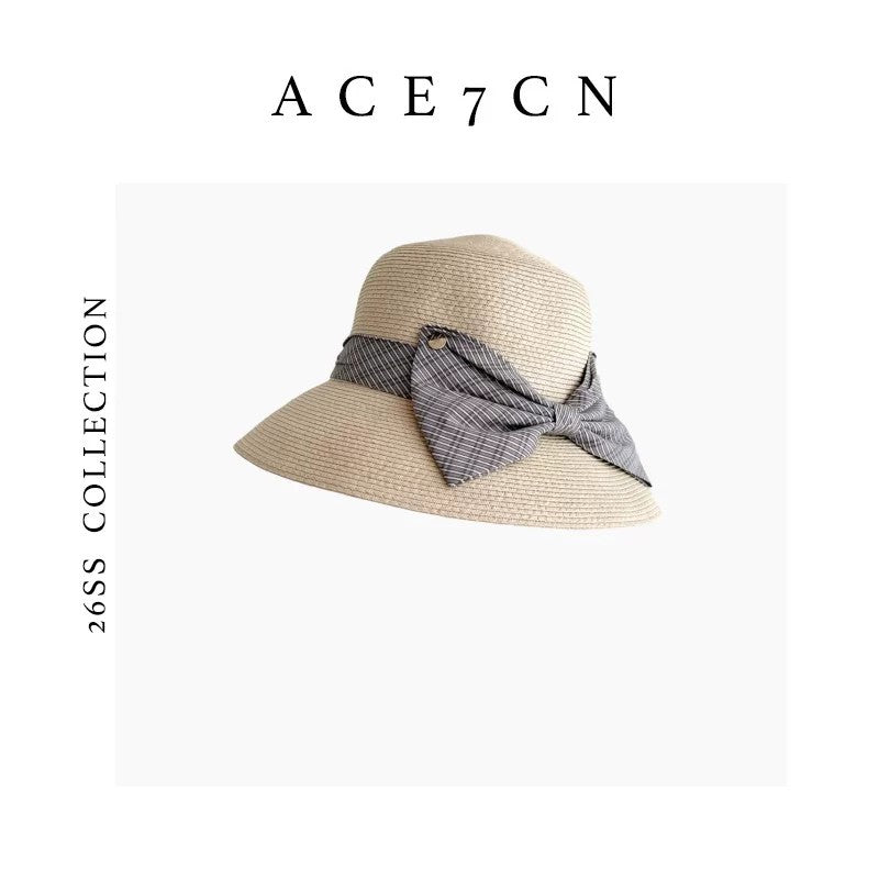 Hepburn-Style French Straw Hat Plaid Bow Bucket