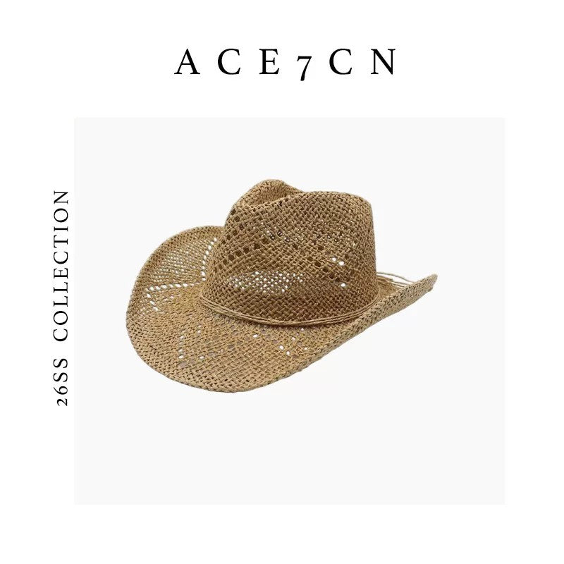 Western Openwork Panama Hat Straw-Woven Denim Styling