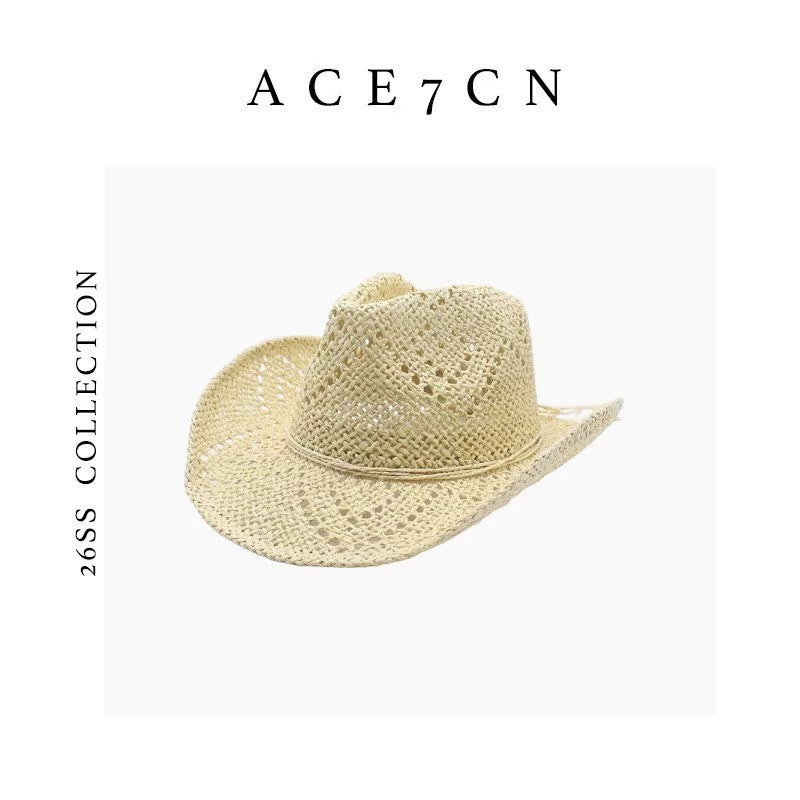 Western Openwork Panama Hat Straw-Woven Denim Styling