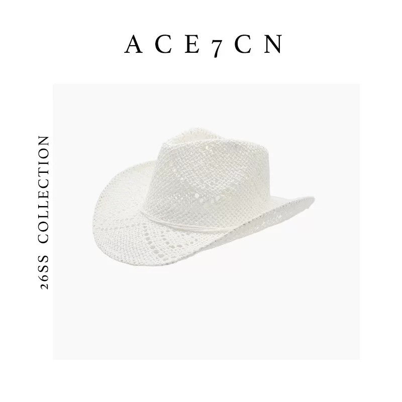 Western Openwork Panama Hat Straw-Woven Denim Styling