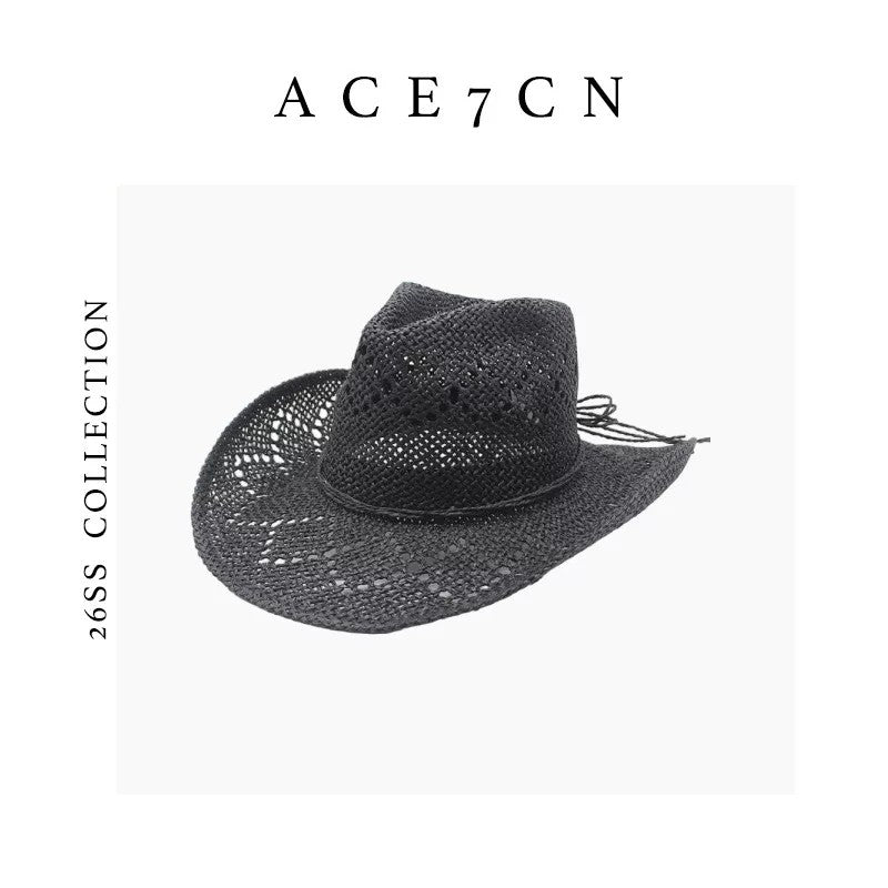 Western Openwork Panama Hat Straw-Woven Denim Styling