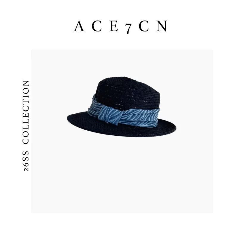 Danish Handmade Straw Hat Faux-Linen Pleated Ribbon