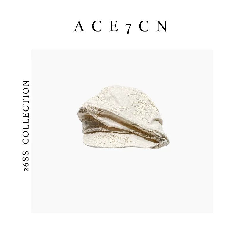 Champs-Élysées Fabric Embroidered Linen Newsboy Cap Pleated