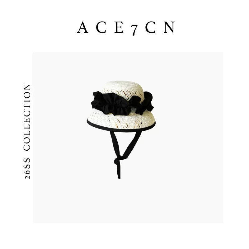 Hepburn French Straw-Woven Bucket Hat Openwork Bow