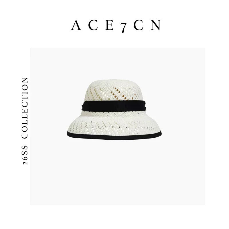 Hepburn French Straw-Woven Bucket Hat Openwork Bow