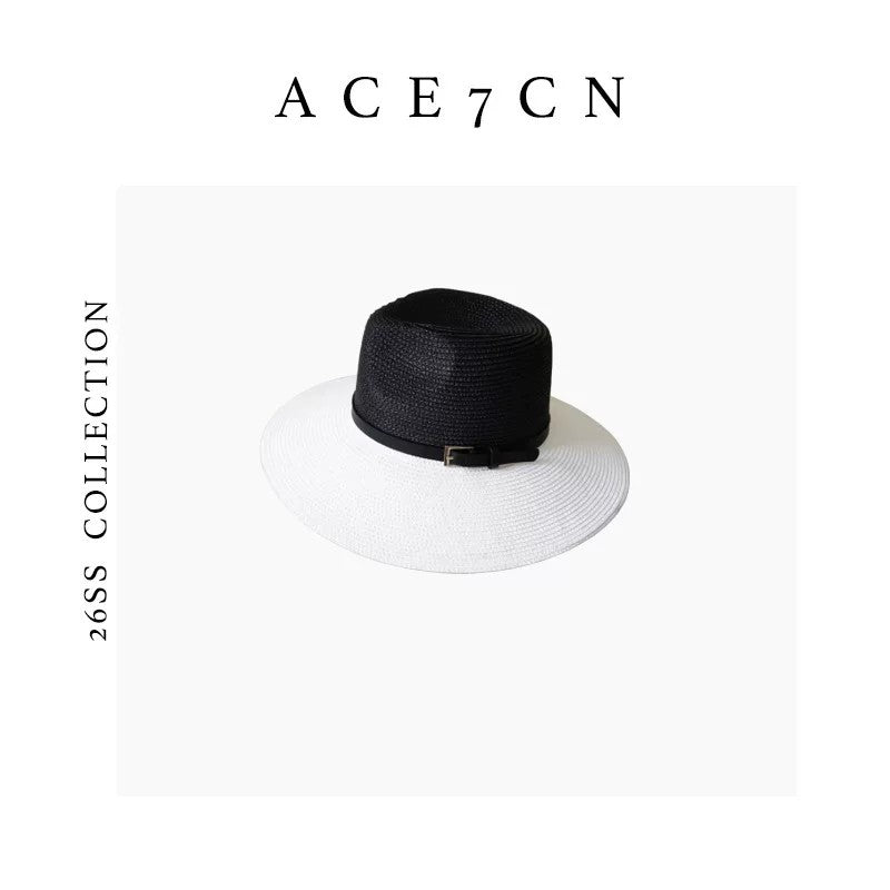 Parisian Champs-Élysées Classic Black-White Straw Hat Wide-Brim