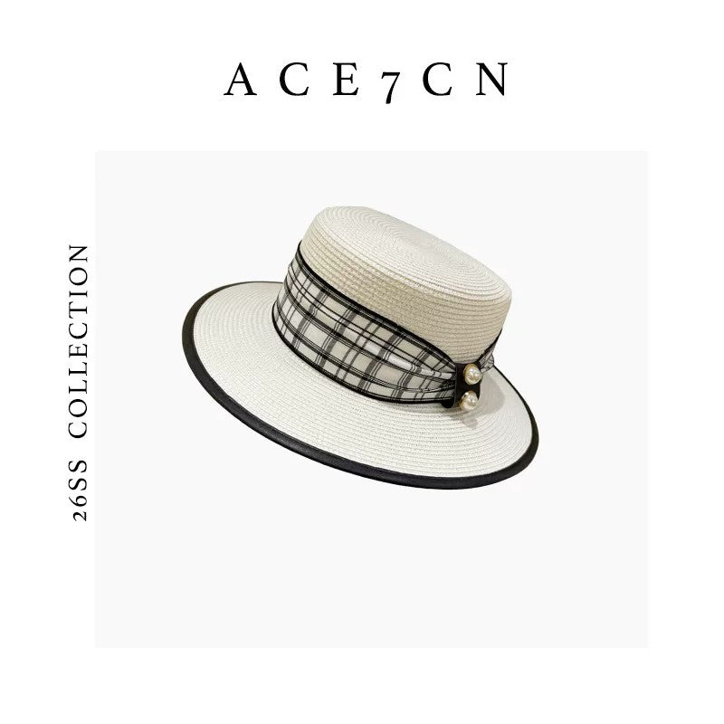 Classic French Resort Raffia Dress Hat Plaid