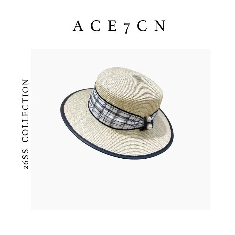 Classic French Resort Raffia Dress Hat Plaid