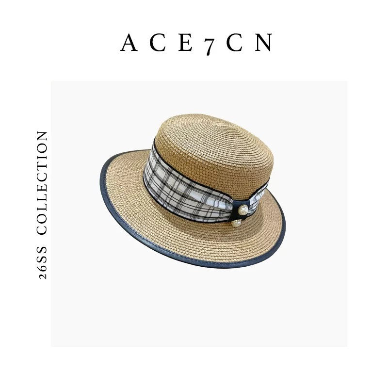 Classic French Resort Raffia Dress Hat Plaid