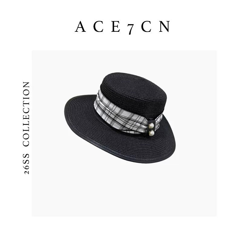 Classic French Resort Raffia Dress Hat Plaid