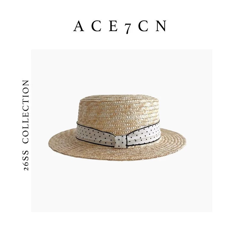 Korean Refined Dress Hat Natural Polka-Dot Straw