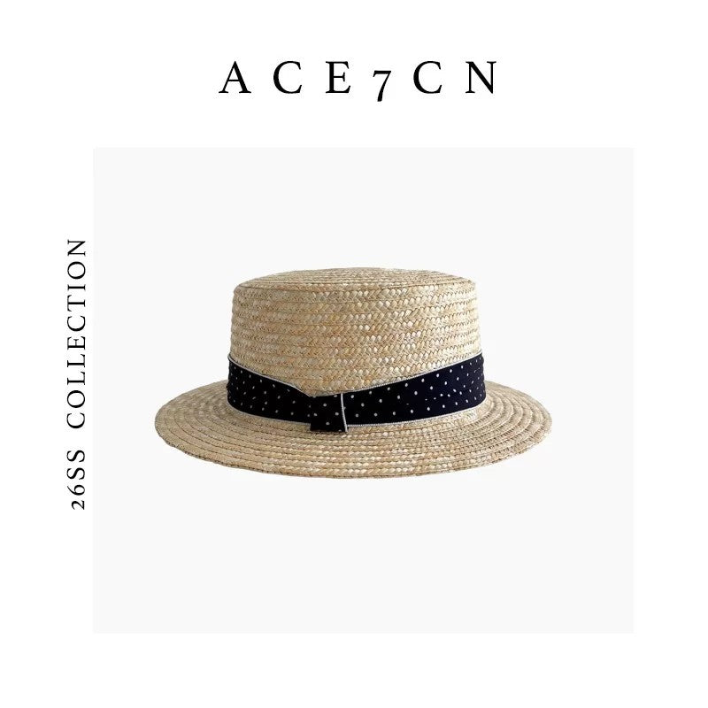 Korean Refined Dress Hat Natural Polka-Dot Straw