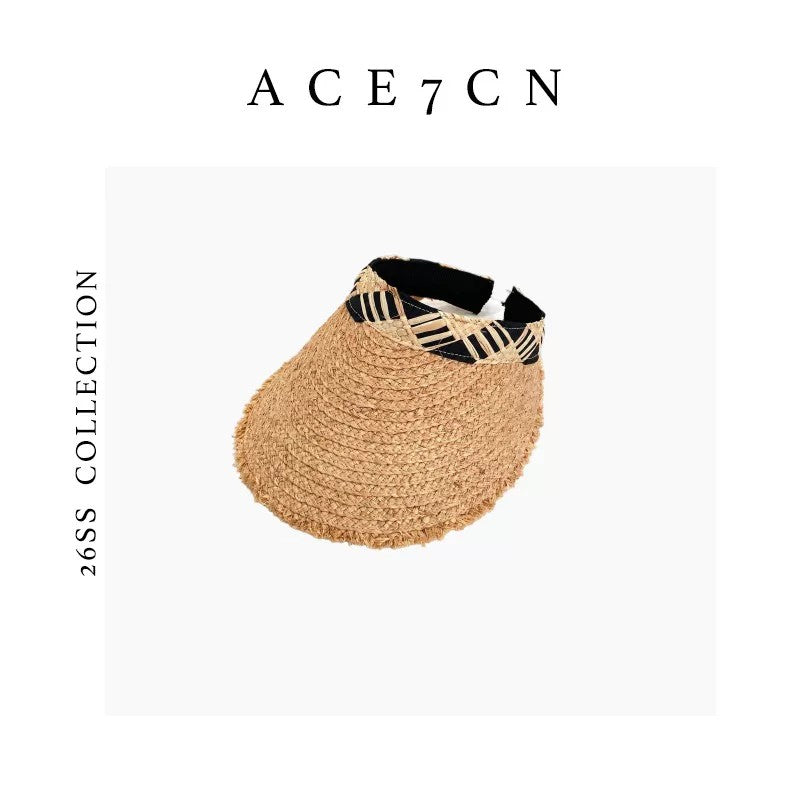 Japanese Artsy Straw-Woven Visor Plaid Wide-Brim Sun-Shade