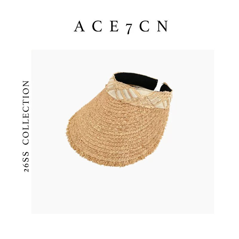 Japanese Artsy Straw-Woven Visor Plaid Wide-Brim Sun-Shade