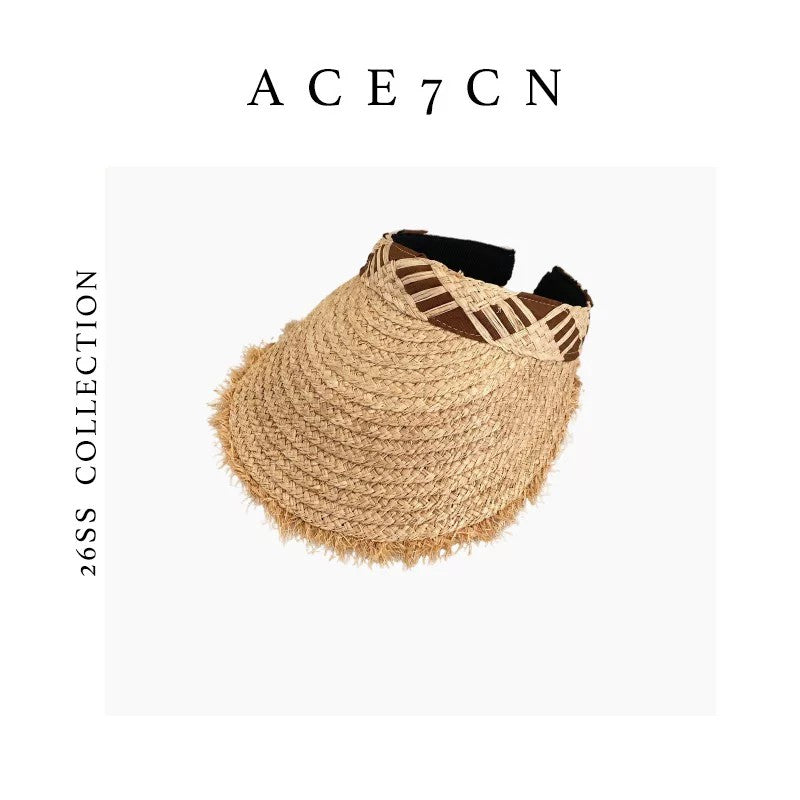 Japanese Artsy Straw-Woven Visor Plaid Wide-Brim Sun-Shade
