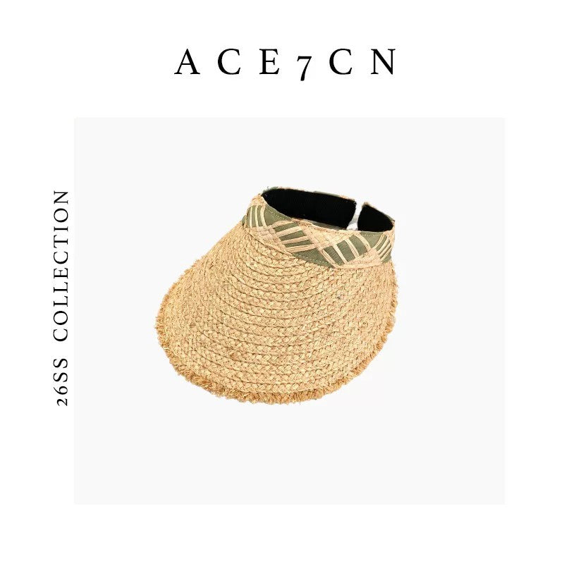 Japanese Artsy Straw-Woven Visor Plaid Wide-Brim Sun-Shade