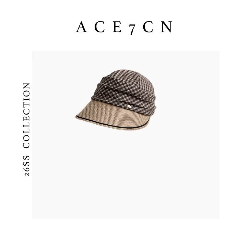 Urban Plaid Pleated Sun Hat Wide-Brim Riding