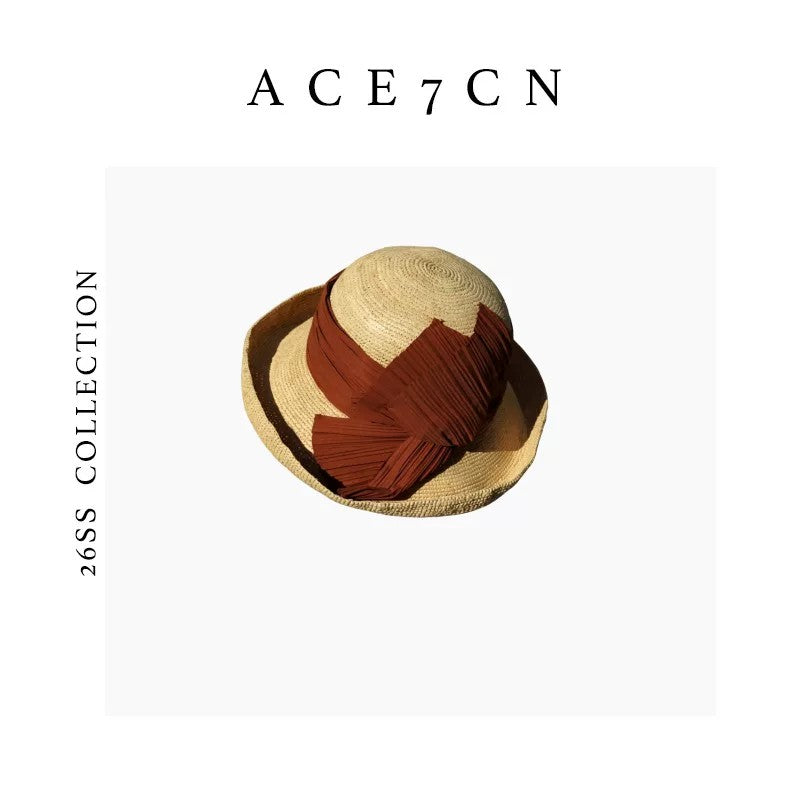 Relaxed French Raffia Roll-Brim Straw Hat Hand-Pleated