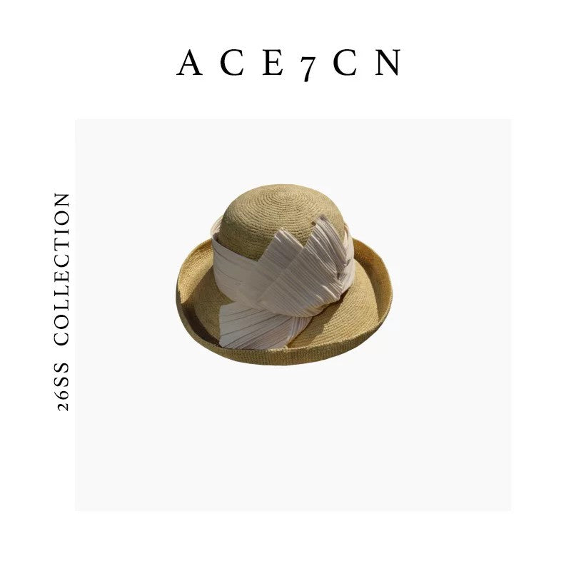 Relaxed French Raffia Roll-Brim Straw Hat Hand-Pleated