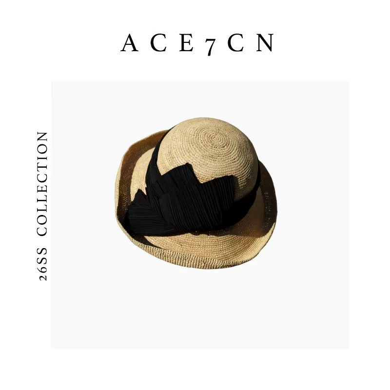 Relaxed French Raffia Roll-Brim Straw Hat Hand-Pleated