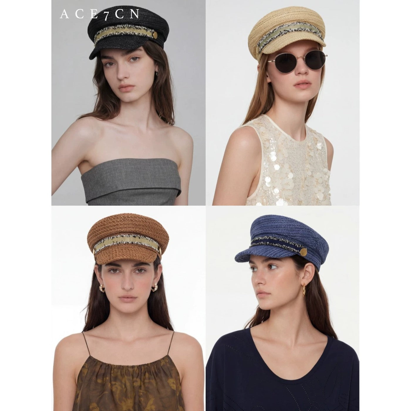Classic Tweed Color-Block Openwork Straw-Woven Riding Hat