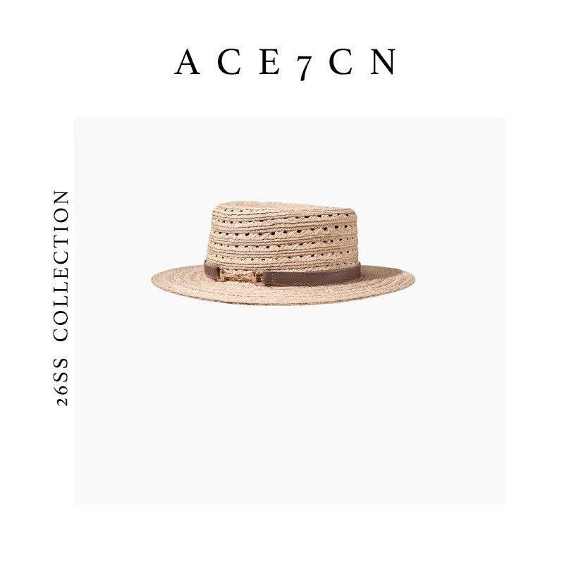 Natural Raffia French Openwork Wide-Brim Flat-Top Straw