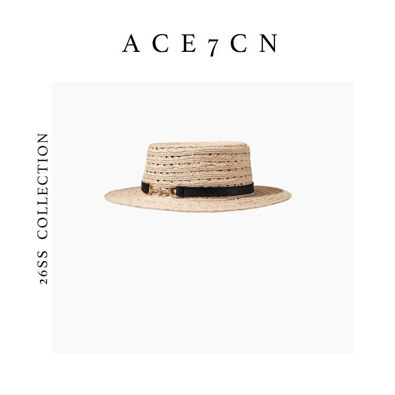 Natural Raffia French Openwork Wide-Brim Flat-Top Straw
