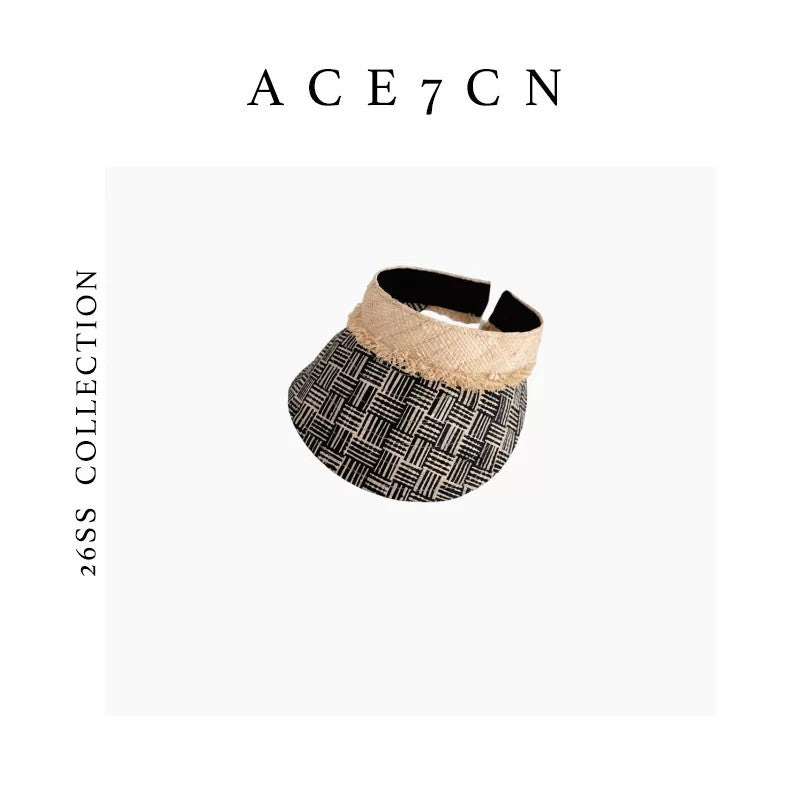 Designer Wide-Brim Raffia Visor Woven Plaid Versatile