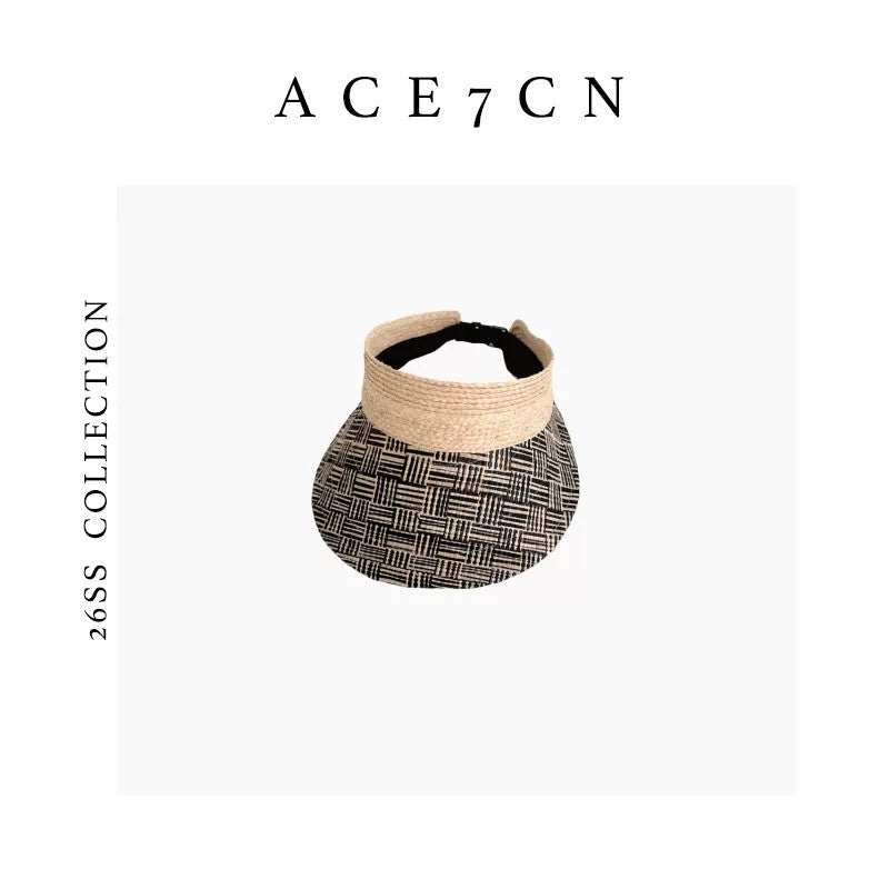 Designer Wide-Brim Raffia Visor Woven Plaid Versatile