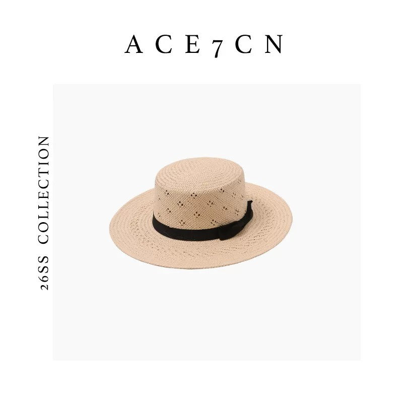 British Classic Straw-Woven Openwork Dress Hat Bow