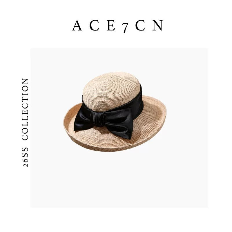 French Vintage Raffia Straw Hat Hepburn Ribbon