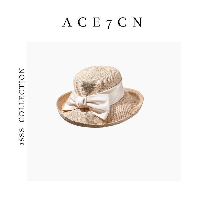 French Vintage Raffia Straw Hat Hepburn Ribbon