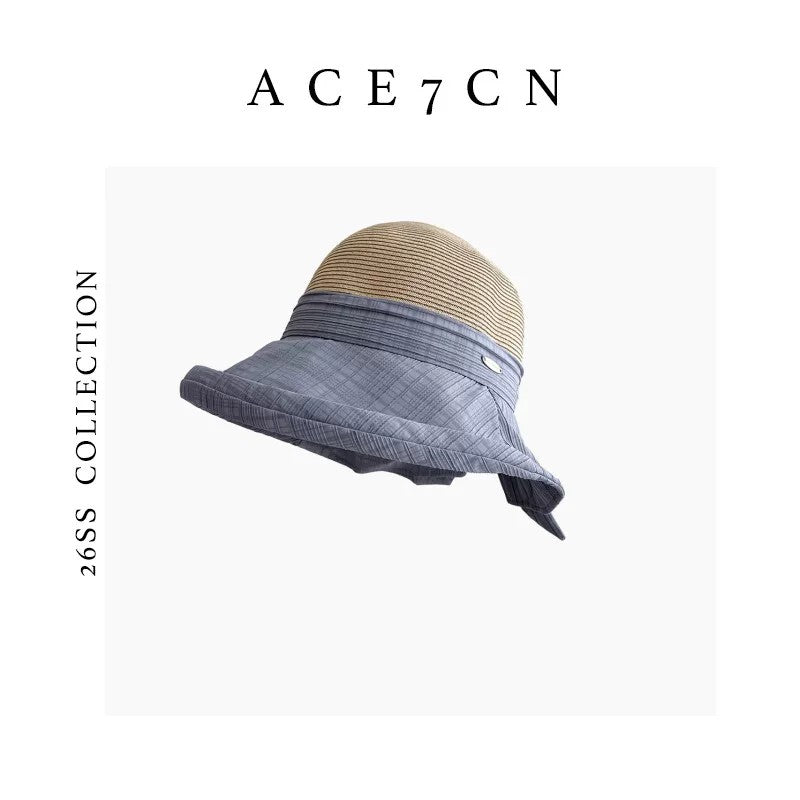 Japanese Niche Fabric-Straw Patchwork Bucket Hat Bow
