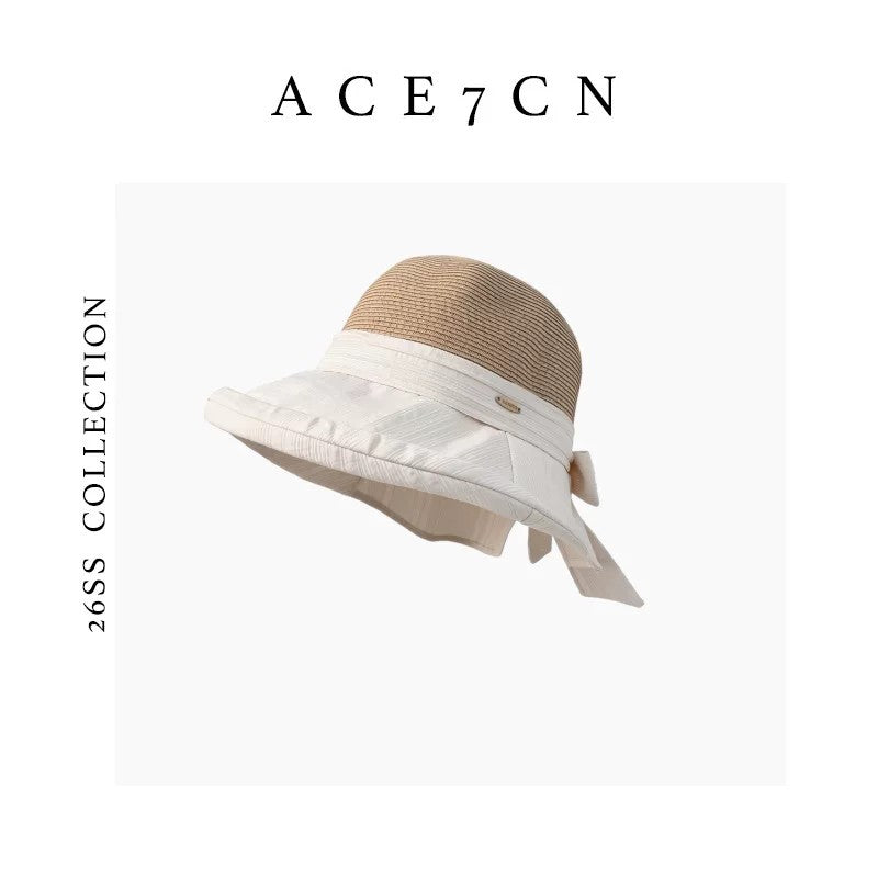 Japanese Niche Fabric-Straw Patchwork Bucket Hat Bow