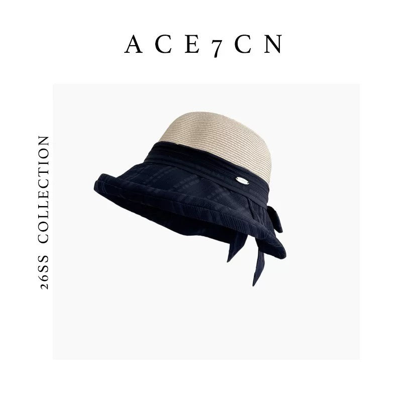 Japanese Niche Fabric-Straw Patchwork Bucket Hat Bow