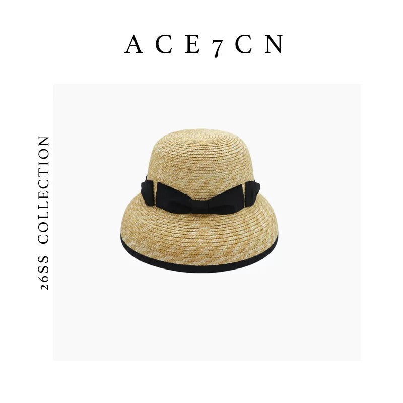 Korean Niche Wheat-Straw Cloche Hat Bow Straw