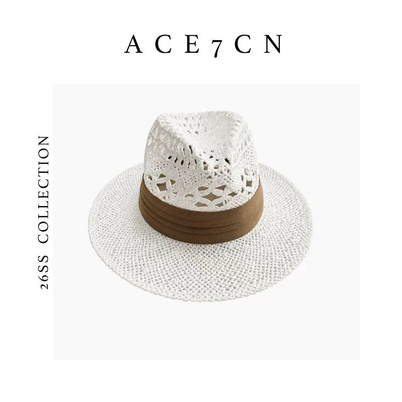 South-France Resort Premium Straw-Woven Openwork Fedora Hand-Woven
